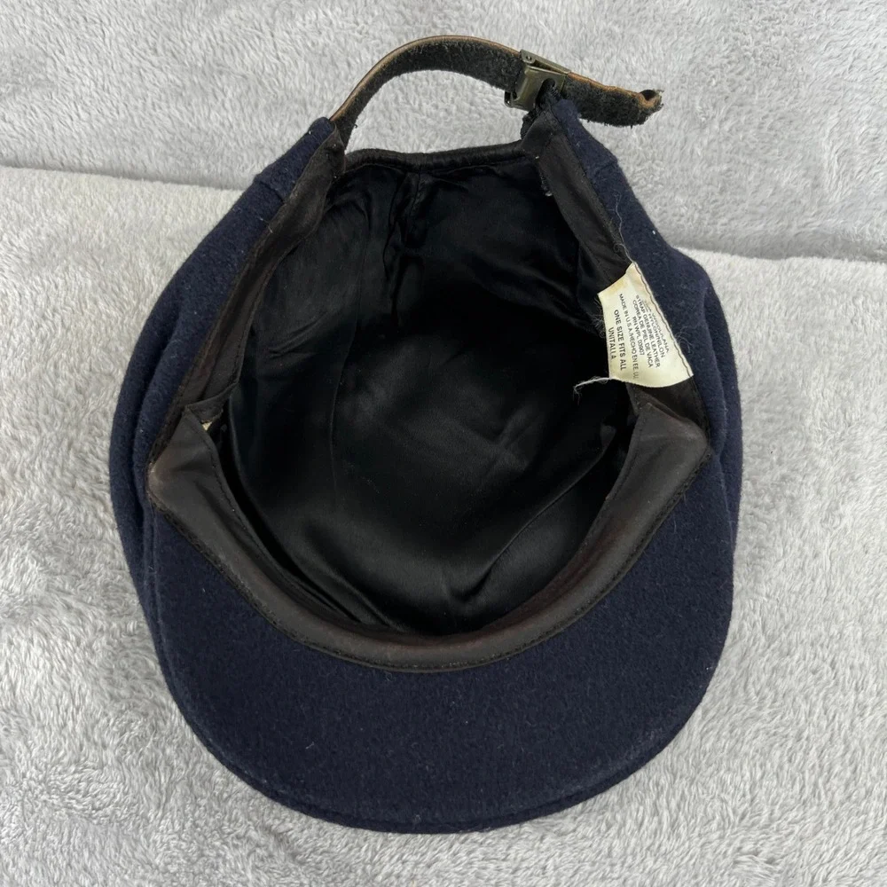 Vintage Wool Flat Cap Navy Blue Newsboy Ivy Driving Leather Strap USA Made Hat